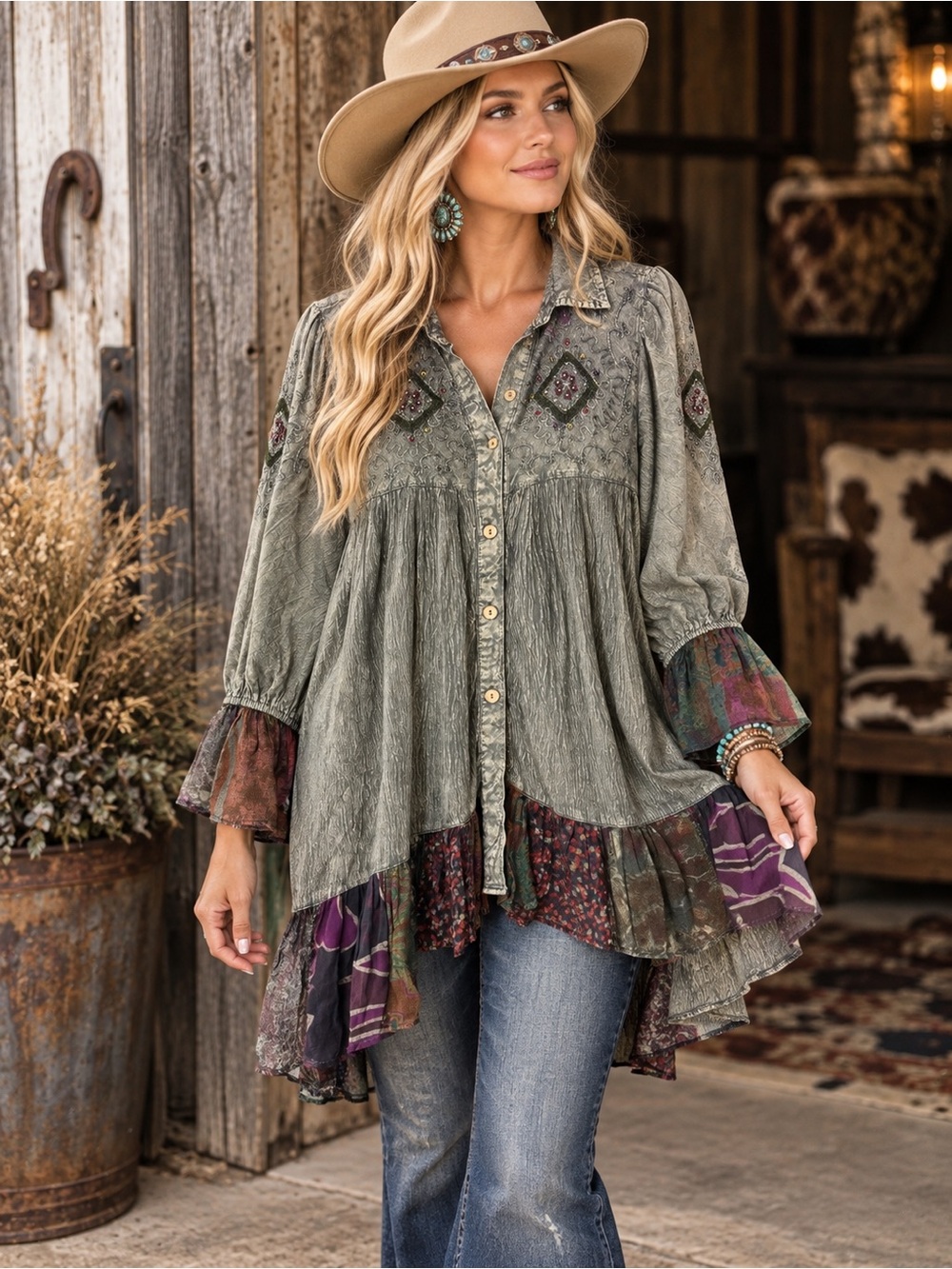 NWT Young Threads Embroidered Boho Western Patchwork Tunic Top S